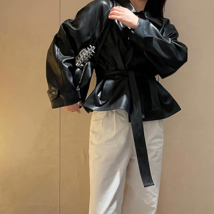 Women's Tailorable Faux Leather Jacket with Wrap Belt and Boxy Silhouette Amarae