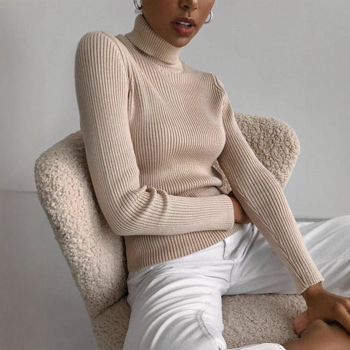 Elegant ribbed blouse for women with high collar and fitted cut Amarae