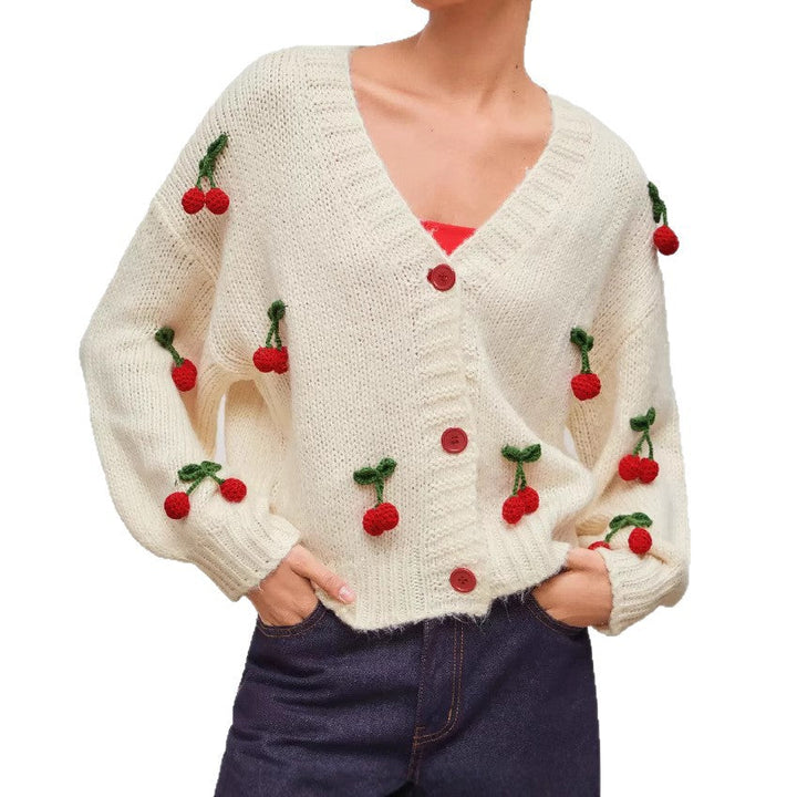 Lune London | Women's playful knitted cardigan with cherry appliqués
