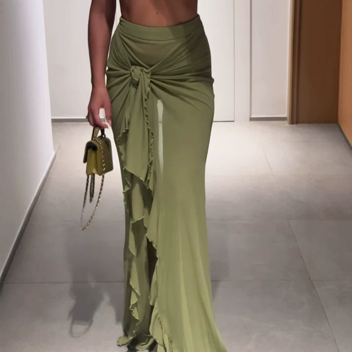 Women's High-Waisted Maxi Skirt with Asymmetrical Gathering, Knot Detail, and Ruffle Slit Amarae