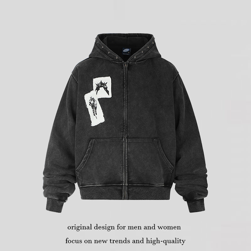 Men's hooded sweat jacket with vintage wash, oversized cut, patch print and studded accents Amarae