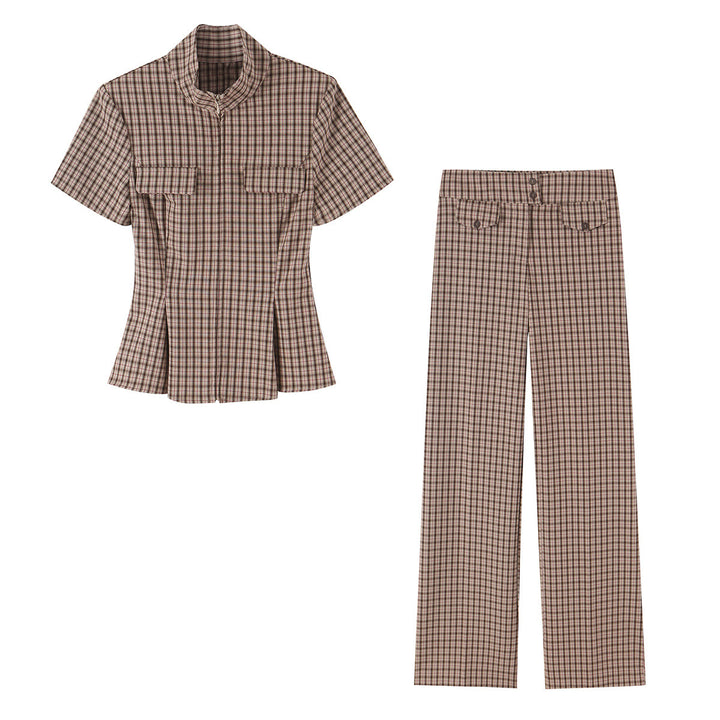 Women High-waisted wide fabric pants with check pattern and decorative flaps Amarae