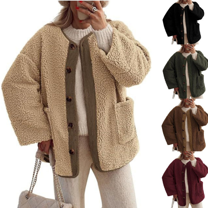 Ladies Cozy Teddy Jacket with Button Closure and Patch Pockets Lune London