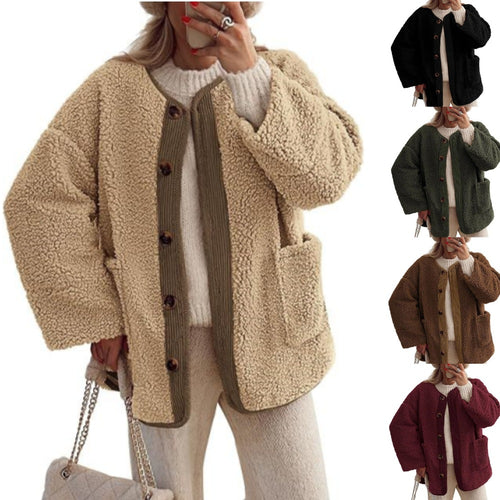 Ladies Cozy Teddy Jacket with Button Closure and Patch Pockets Amarae