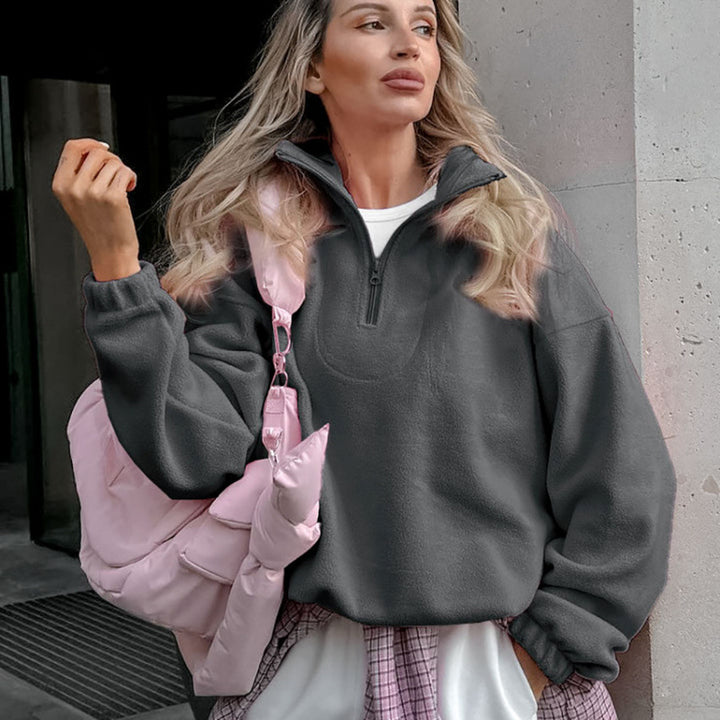 Women’s Oversized Fleece Pullover with Half Zipper and Stand-Up Collar Amarae
