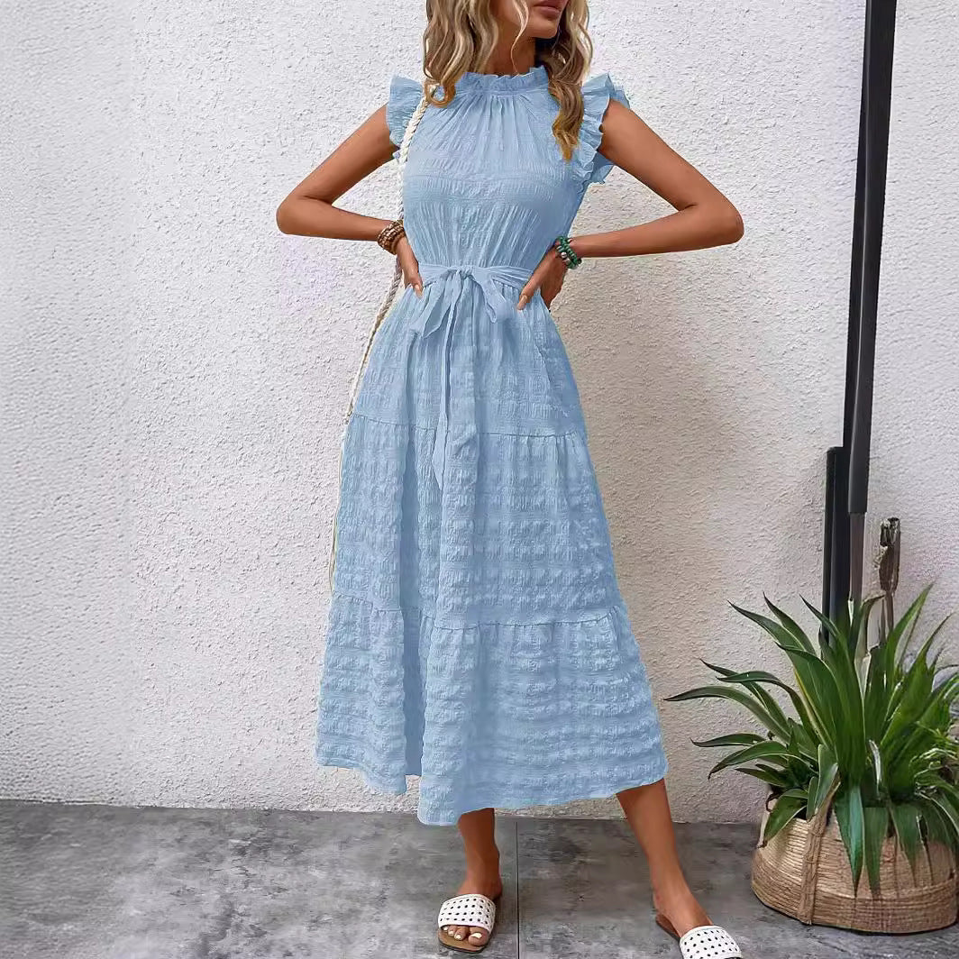 Midi dress for women with ruffled sleeves and belt at the waist Lune London