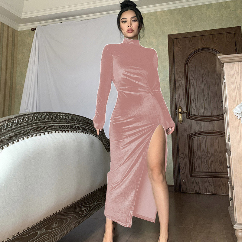 Women Elegant Velvet Maxi Dress with High Split and Standing Collar Lune London