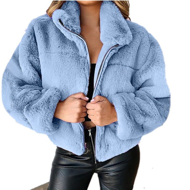 Women’s short-cut cuddly fleece quilted jacket with stand-up collar and zipper Amarae