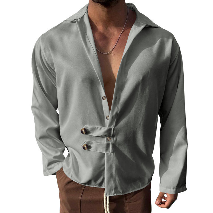Men's elegant long sleeve blouse with shawl collar and button details Amarae