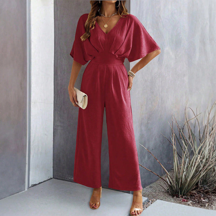 Women Wide Cut Jumpsuit with Elegant Draping and V-Neck Amarae