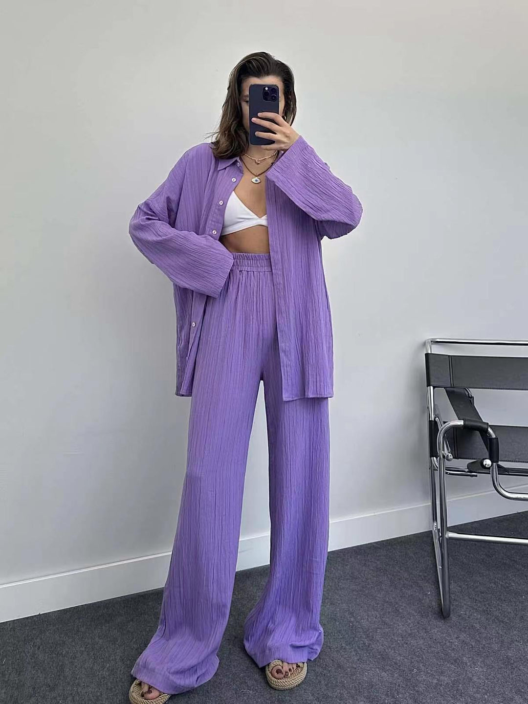 Plus size casual shirt set for women and chic wide leg pants