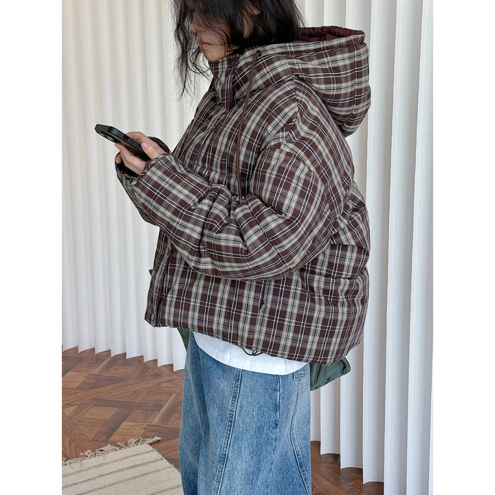 Women Short Checkered Quilted Jacket with Hoodie Amarae