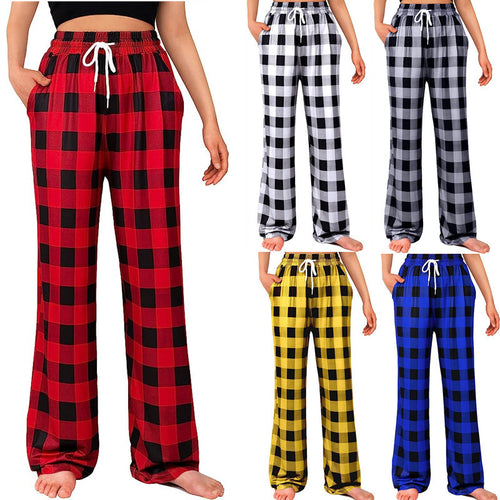 Ladies Comfortable Checkered Pants with Elastic Waist and Side Pockets Amarae
