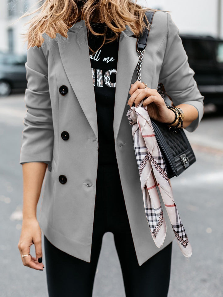 Trendy double-breasted blazer for women with a sleek silhouette and practical pockets Lune London