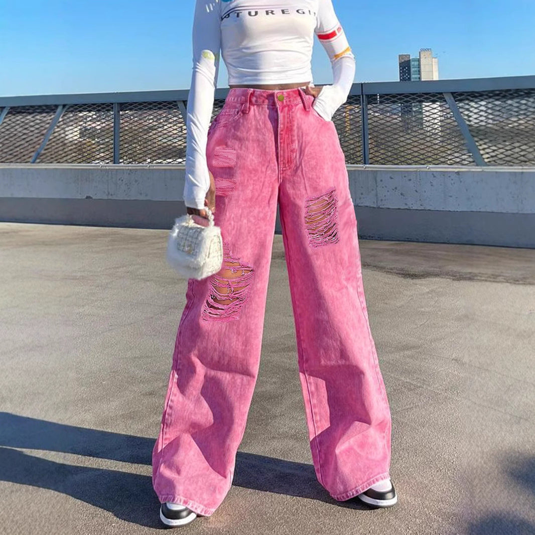 Women High-Waisted Wide Denim Palazzo Pants with Eye-Catching Ripped Inserts Amarae