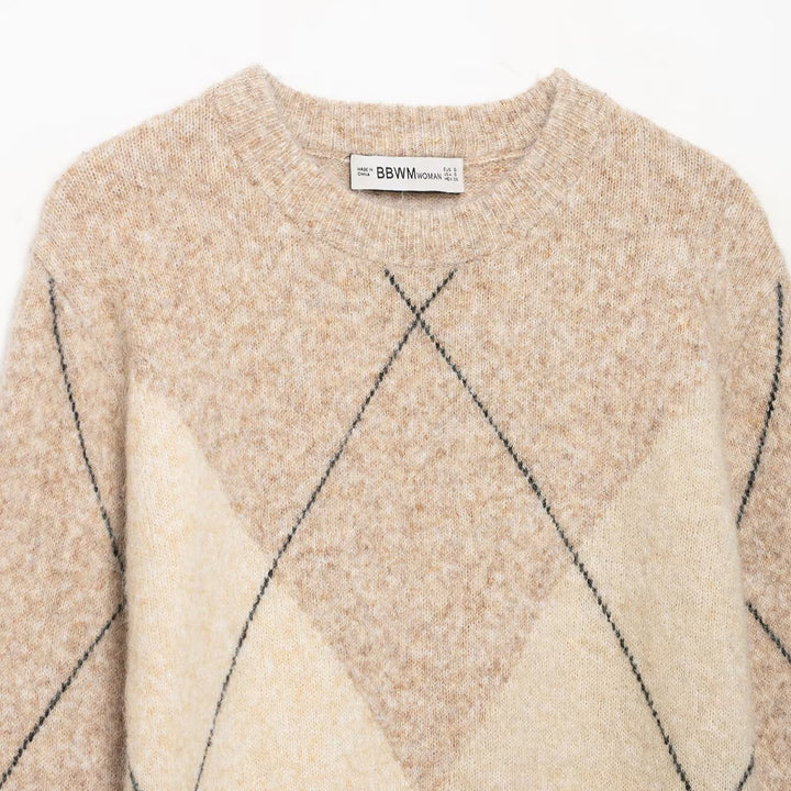 Women's argyle sweater made of wool blend with soft pile and boxy cropped silhouette Amarae