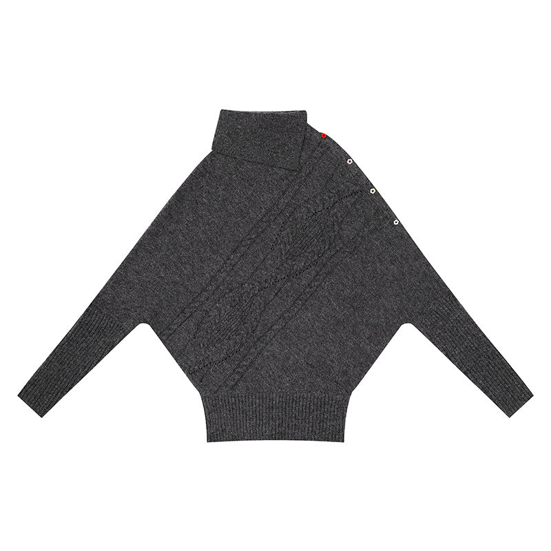 Women's oversized sweater with roll neck, asymmetric shoulder button placket and cable knit details Amarae