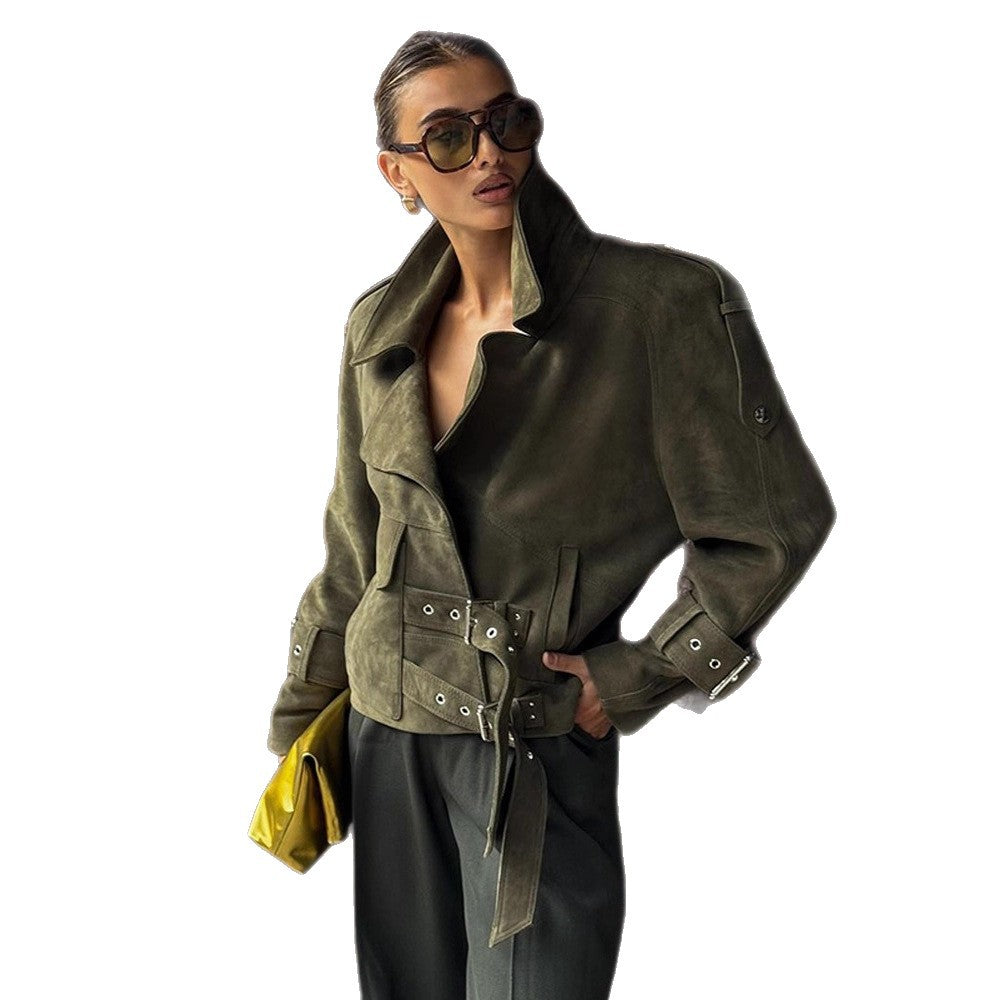Ladies short jacket made of suede look with waist belt, buckles & oversized collar Amarae