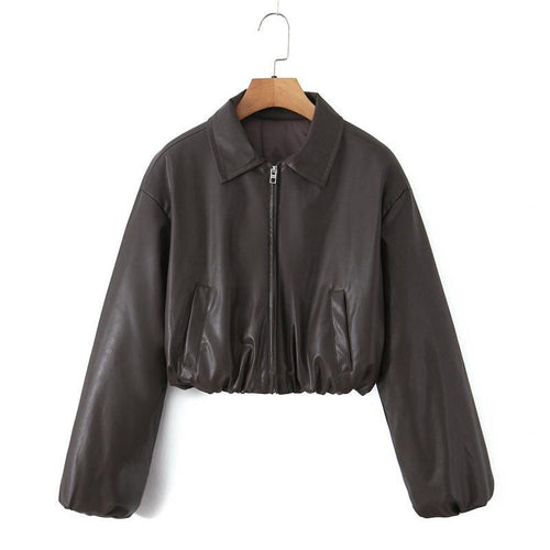 Cropped faux leather women's jacket with practical pockets and elastic waistband Amarae