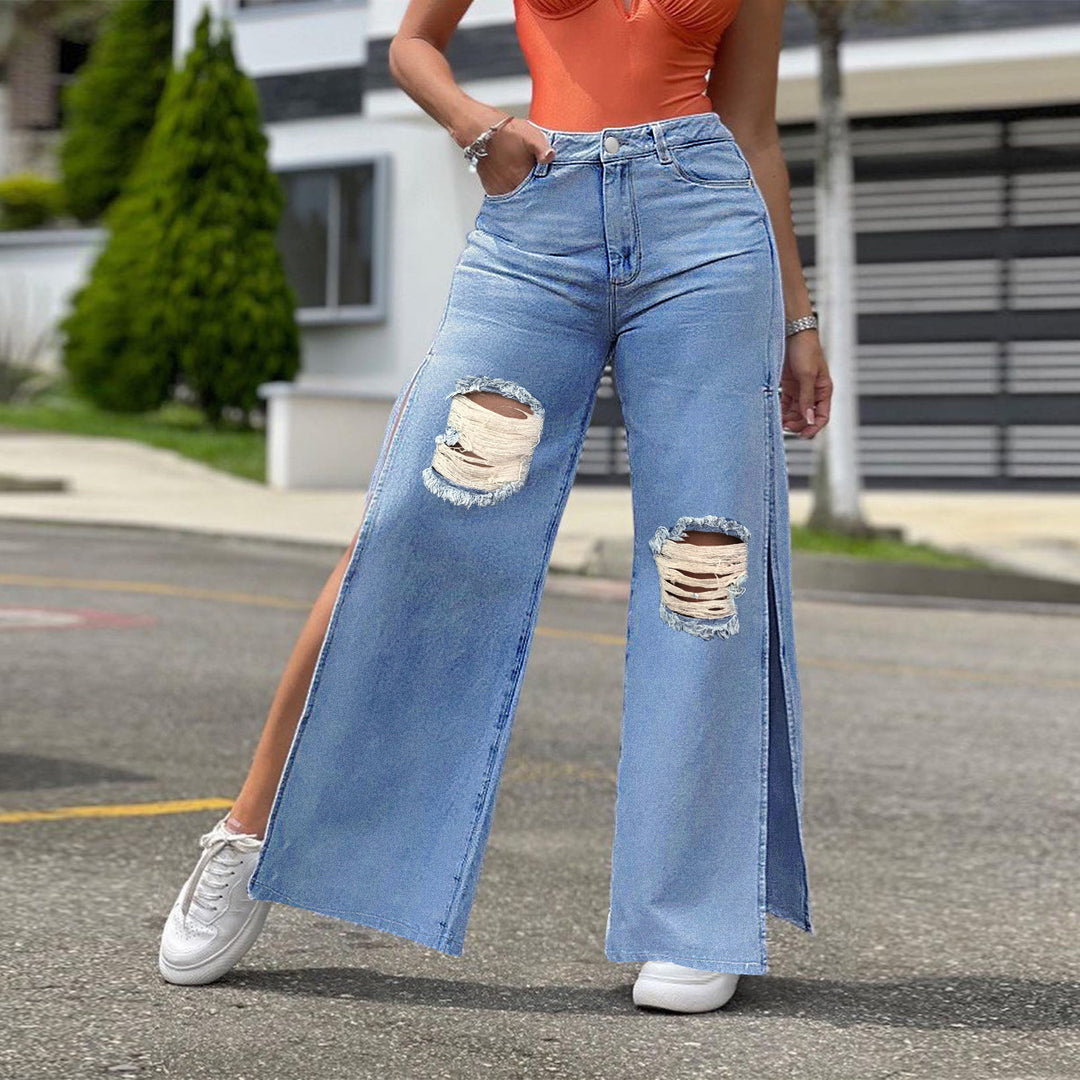 Ladies High-Waisted Wide-Leg Jeans with Knee Rips and Side Slits Amarae