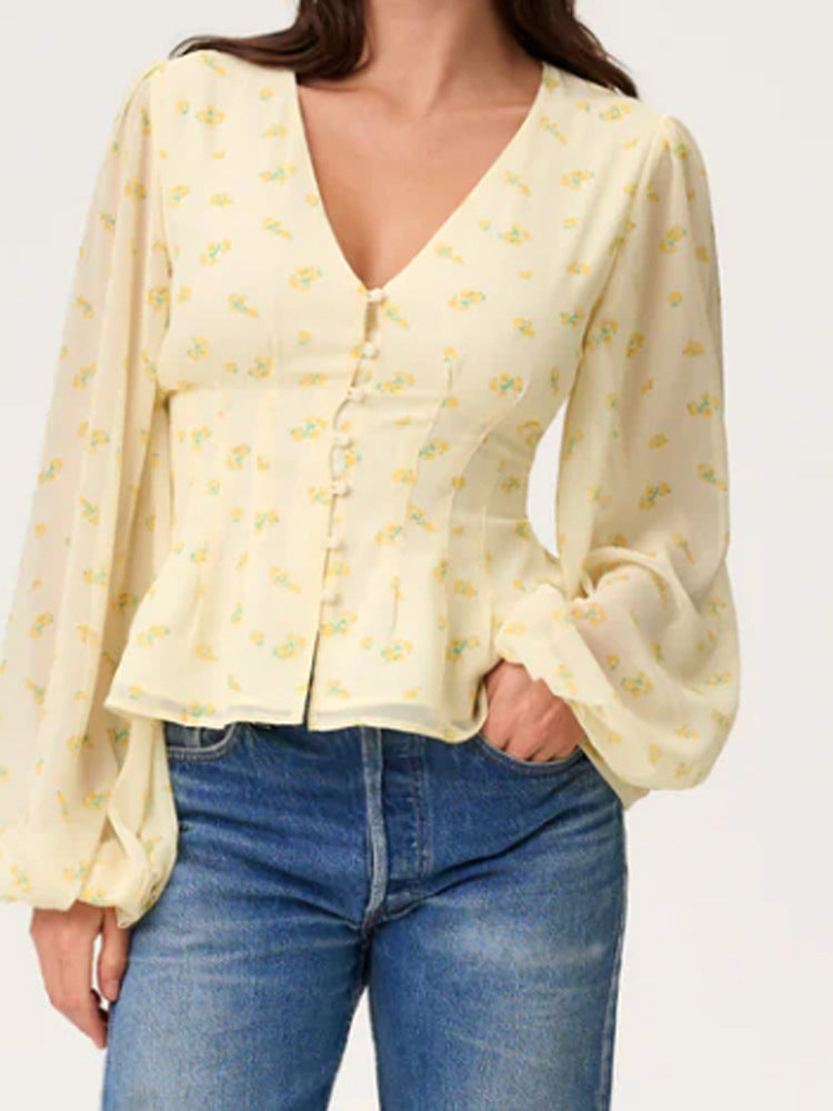 Women's jacquard lace blouse with fitted peplum and balloon sleeves Amarae