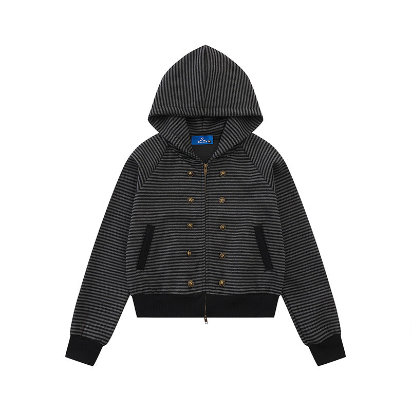 Women's striped hoodie sweatshirt jacket in navy look with double-breasted optics and front zipper Amarae