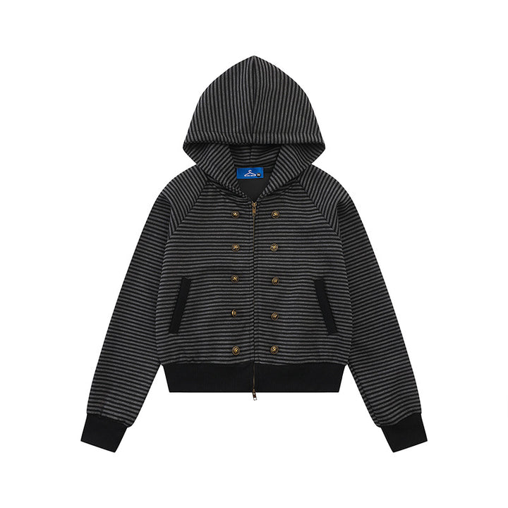 Women's striped hoodie sweatshirt jacket in navy look with double-breasted optics and front zipper Amarae