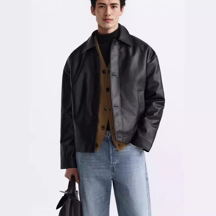 Men's Short Cut Leather Jacket with Classic Collar Amarae