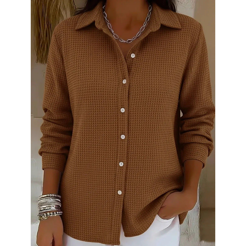 Women's Structured Shirt Blouse in Waffle Knit with Classic Collar and Continuous Button Placket Amarae