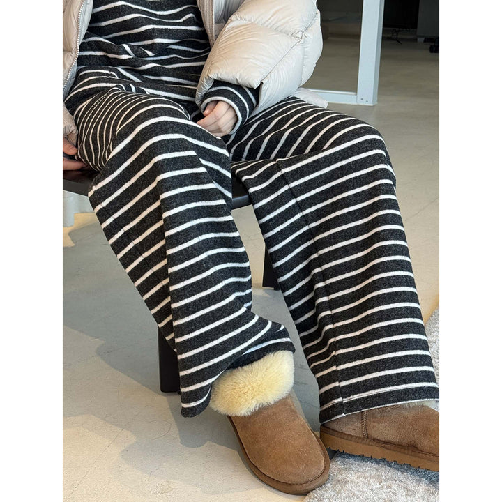 Women Striped Lounge Pants with High Waist, Drawstring and Wide Palazzo Cut Amarae