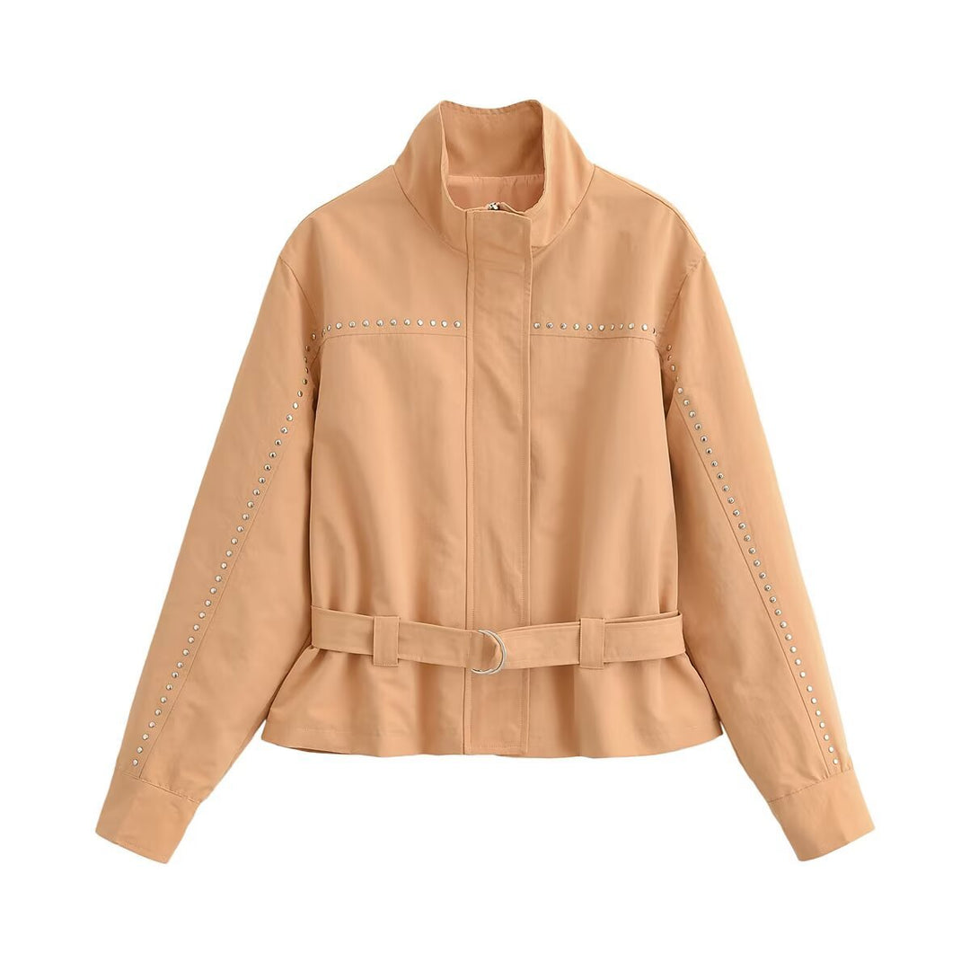 Women's short jacket with studded detailing, stand-up collar and belted waist Amarae