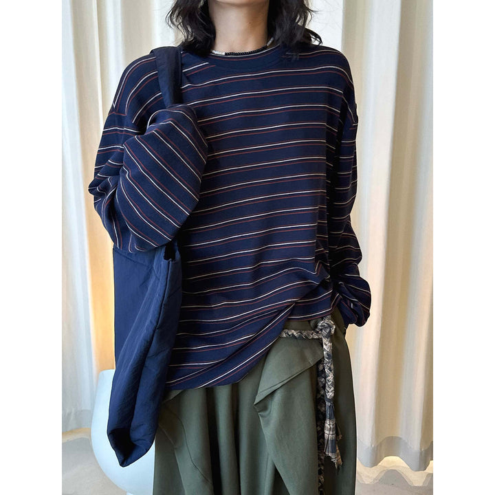 Women Casual Oversized Long Sleeve Shirt with Fine Striped Pattern and Dropped Shoulder Amarae