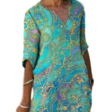 Women's casual light dress with elegant V-neck and colorful pattern