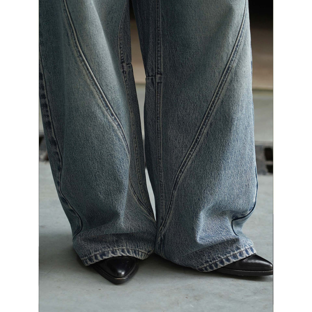 Women's High-Waisted Baggy Denim Pants with Curved Seam Details Amarae