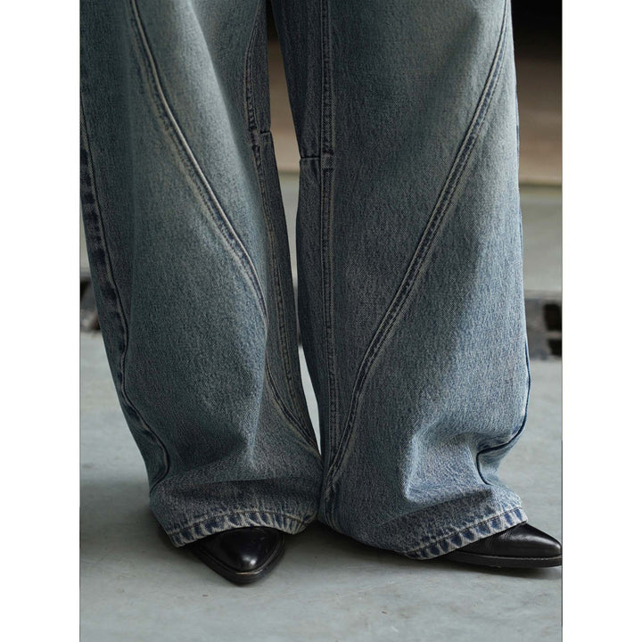 Women's High-Waisted Baggy Denim Pants with Curved Seam Details Amarae