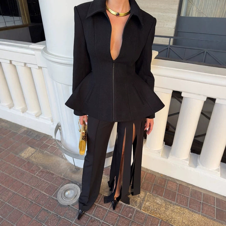 Women tailored zip blazer with peplum & structured shoulder Amarae