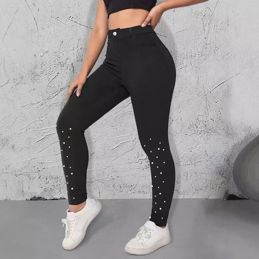 Women's High-Waist Stretch-Jeggings in Denim Look with Pearl Scatter Amarae