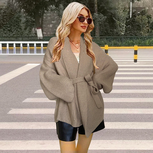 Women's chunky knit cardigan with wide shawl collar and tieable belt Amarael