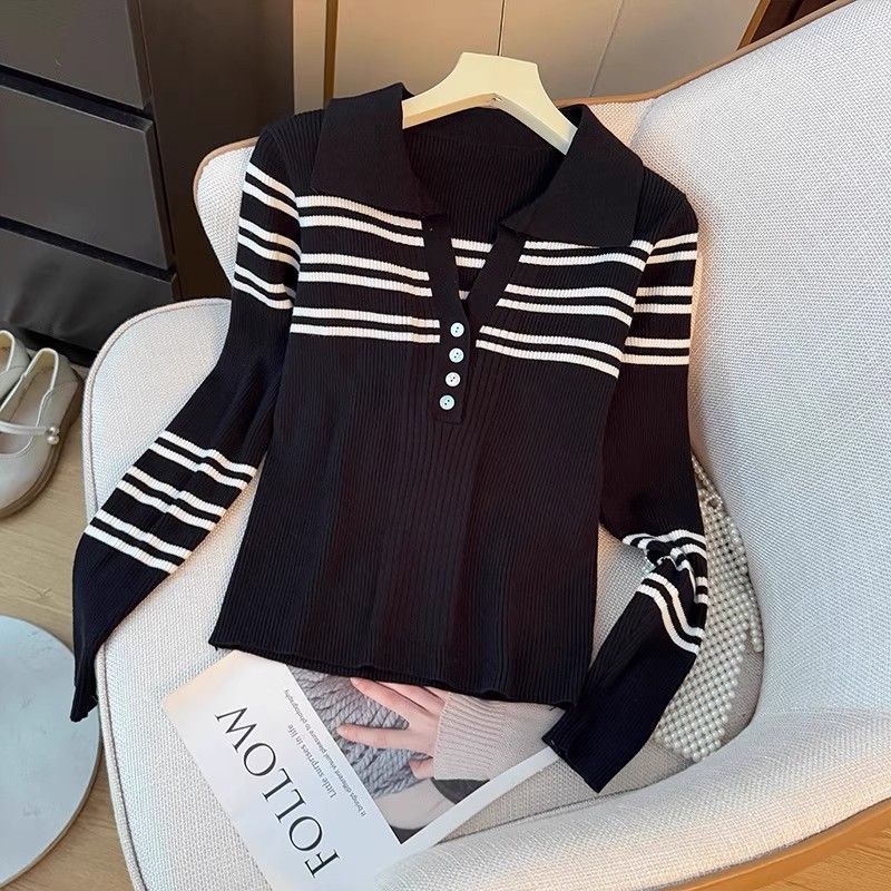 Sweat à rayures pour femmes avec patte de boutonnage et col classique Chic & Stil