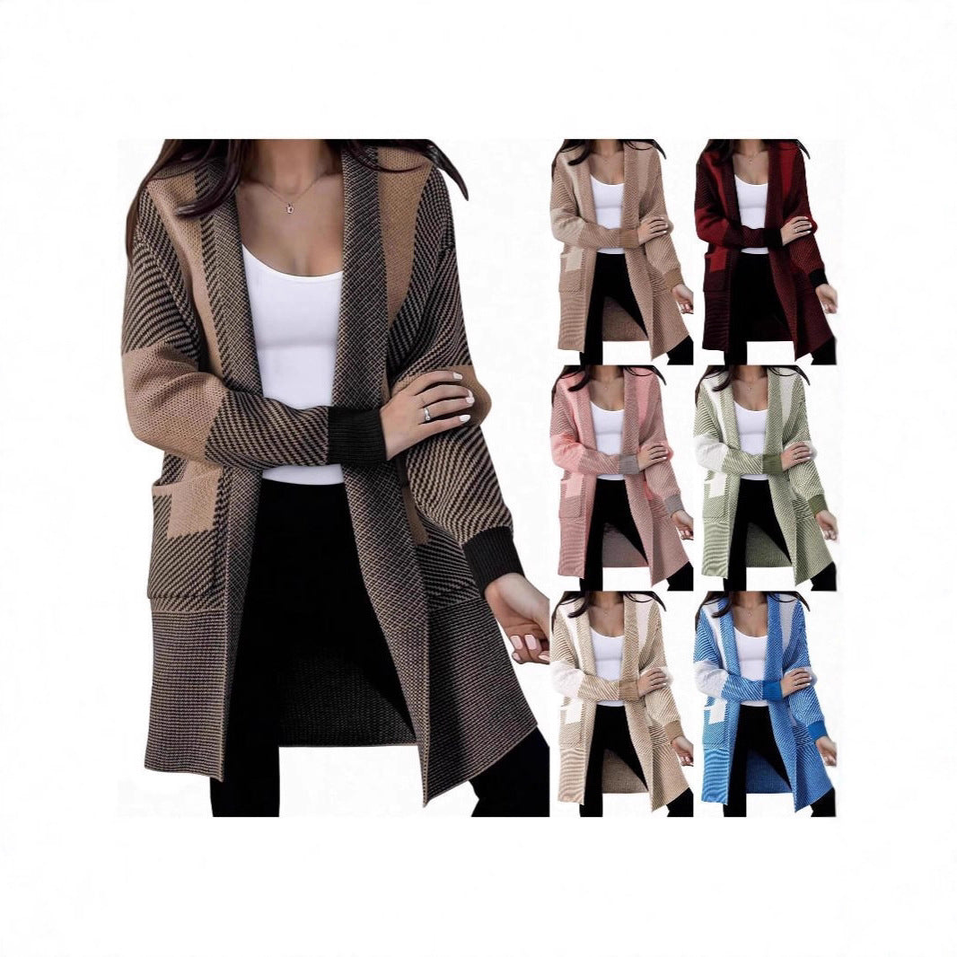 Ladies long knit cardigan with textured pattern and patch pockets Lune London