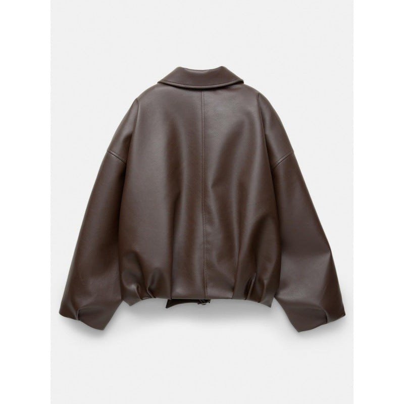 Women Oversized Leatherette Blouson with Waist Belt Amarae