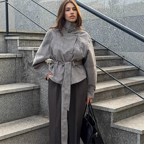 Women's short jacket made of faux suede with a high stand-up collar, waist belt, and boxy oversized silhouette Amarae