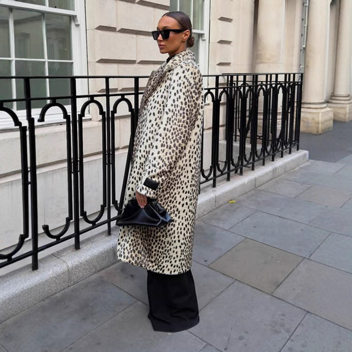 Women Mid-length Faux Fur Coat with Distinctive Spot Pattern and Lapel Collar Amarae