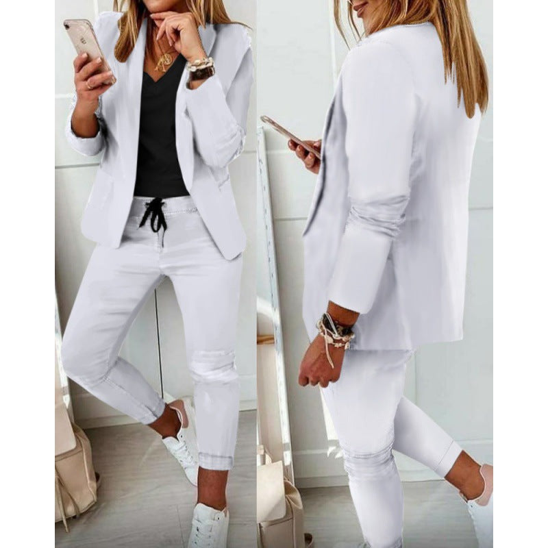 Women's Two-Piece Stretch Jersey Blazer Set with Drawstring Jogging Pants Amarae