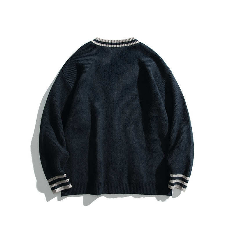 Unisex Oversize Knit Cardigan with Contrast Stripes, V-Neck and Patch Pockets Amarae
