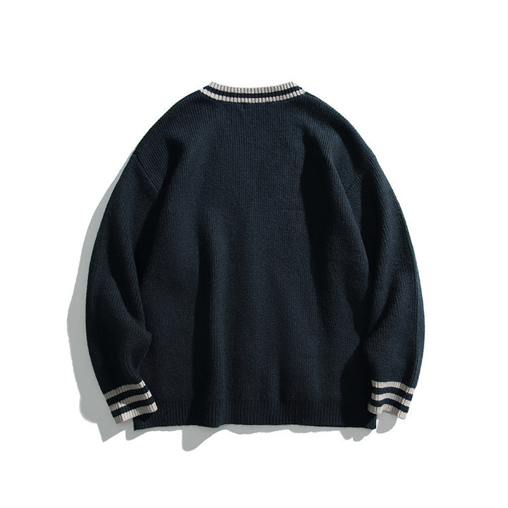 Unisex Oversize Knit Cardigan with Contrast Stripes, V-Neck and Patch Pockets Amarae