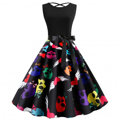 Robe swing femme avec design de crâne coloré et ceinture à lien latéral Chic & Stil