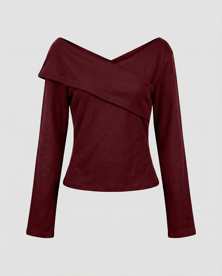 French V-neck long sleeve shirt women slim fit stretch top