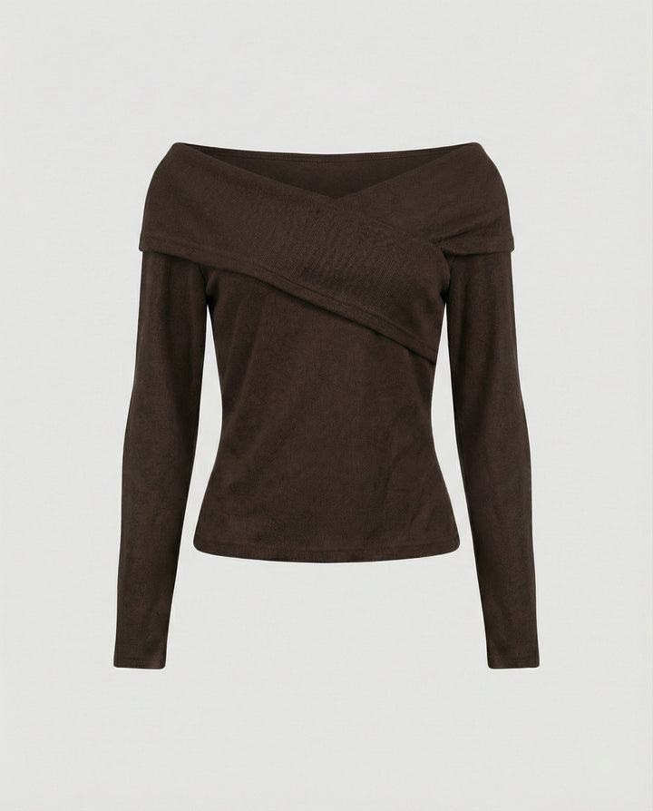 French V-neck long sleeve shirt women slim fit stretch top