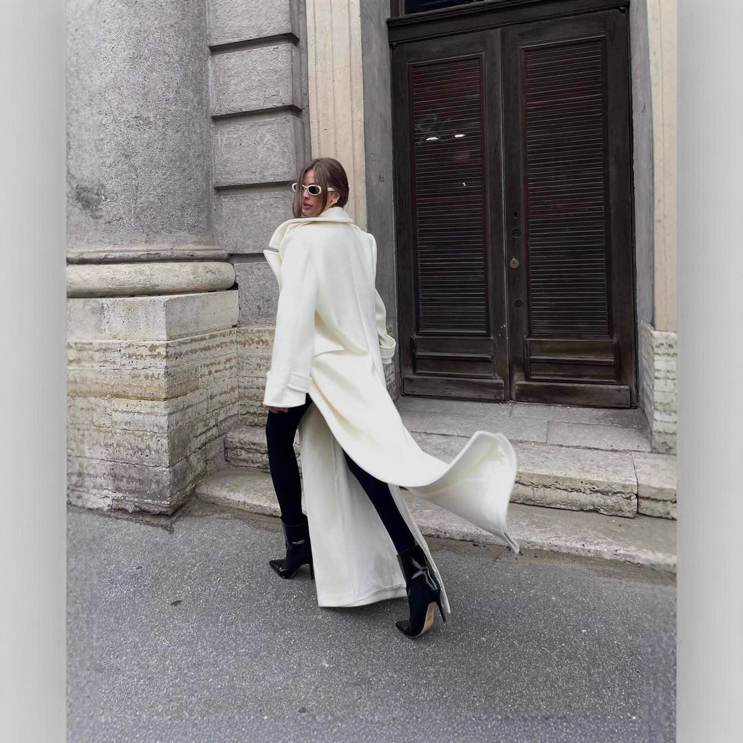 Women's Maxi Tailored Wool Blend Coat with Wrap Belt and Generous Lapel Collar Amarae